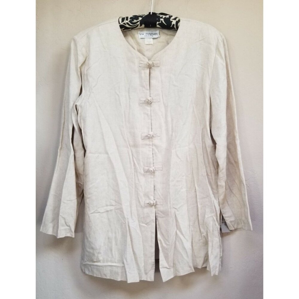 Lew Magram Women's Mandarin Shirt Top Beige Chinese-style Frog-Knot Button Sz 16